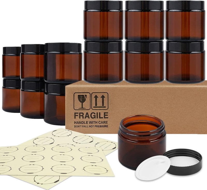 TUZAZO 12 Pack 2 Oz Thick Amber Round Glass Jars with Lids - Empty Mini Candle Making Jars/Cosmetic Containers with Leakproof Lids for Cream Lotion Essential oil Products