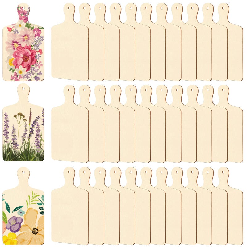 Marsui 36 Pcs Wooden Mini Cutting Board with Handle Unfinished Wood Craft Mini Charcuterie Boards Paddle Blank Small Chopping Plank for DIY Kitchen Cooking Vegetables Decor(9.4 x 5.1 Inch) - Image 1
