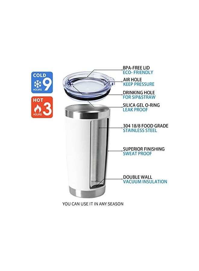 S-TOP 20oz Tumblers Bulk Stainless Steel Cup with Lid Double Wall Vacuum Insulated Coffee Mug for Cold & Hot Drinks 1 Pack, White - Image 2