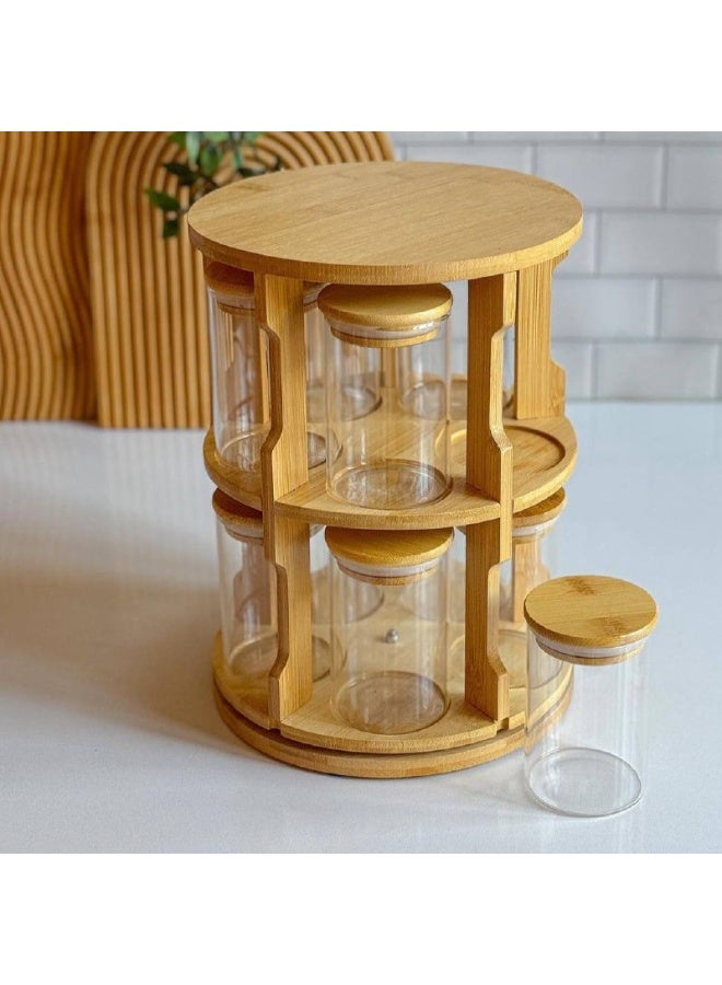 NAMA Spice set consisting of a rotating bamboo stand - Jar size 6 * 10cm - Jar capacity approximately 250ml - 10 round glass jars with bamboo lids