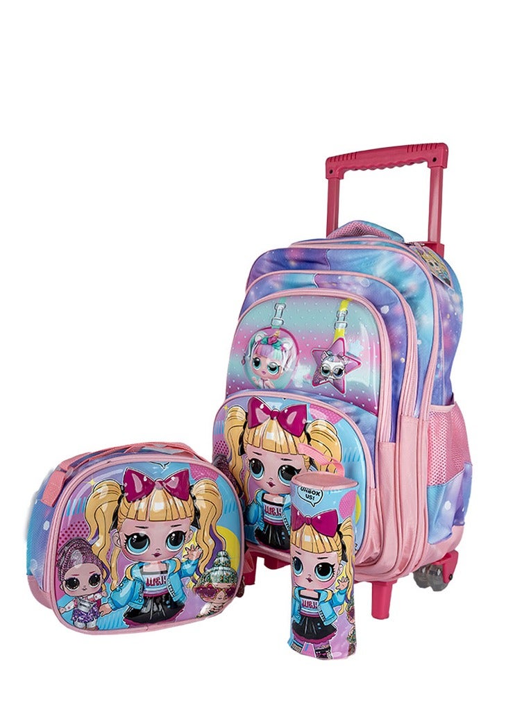 Girl Rolling School Bag 16.5" 3pcs Sets, Lunch Box and pencil case , - Image 1