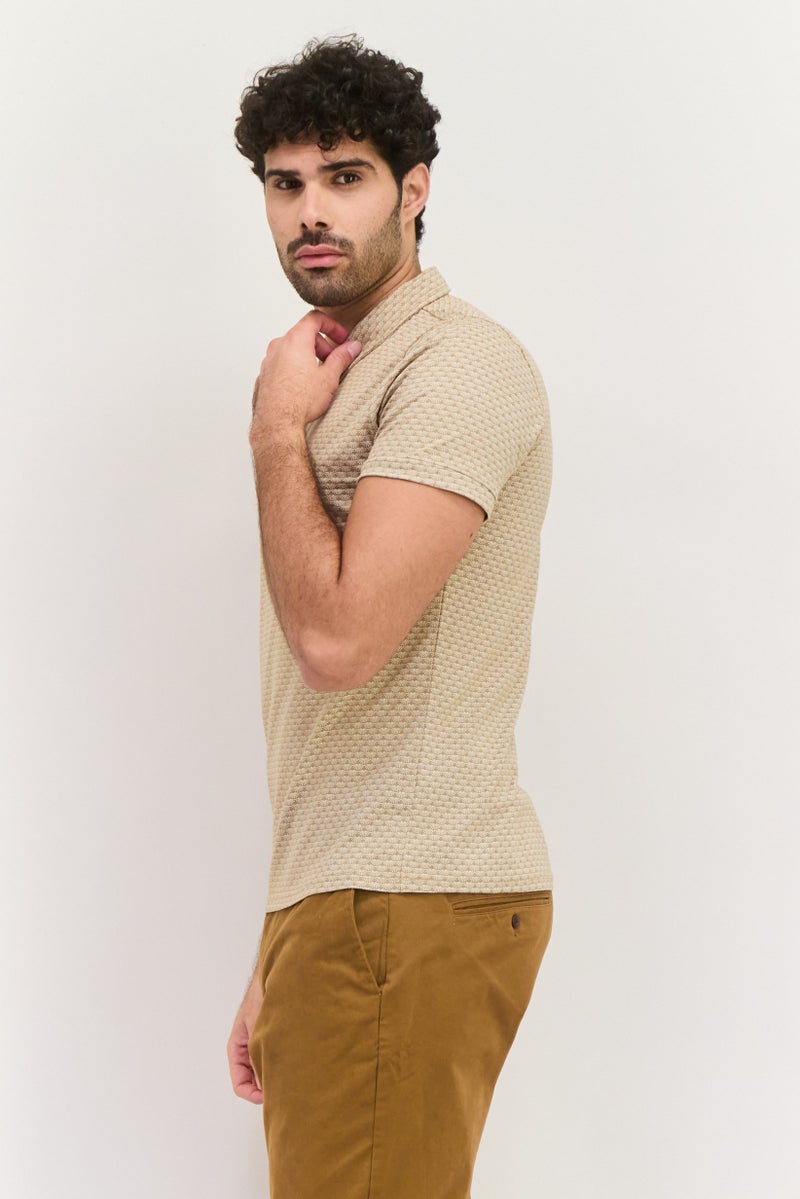 Threadbare Men Regular Fit Allover Printed Short Sleeves Polo, Beige - Image 4