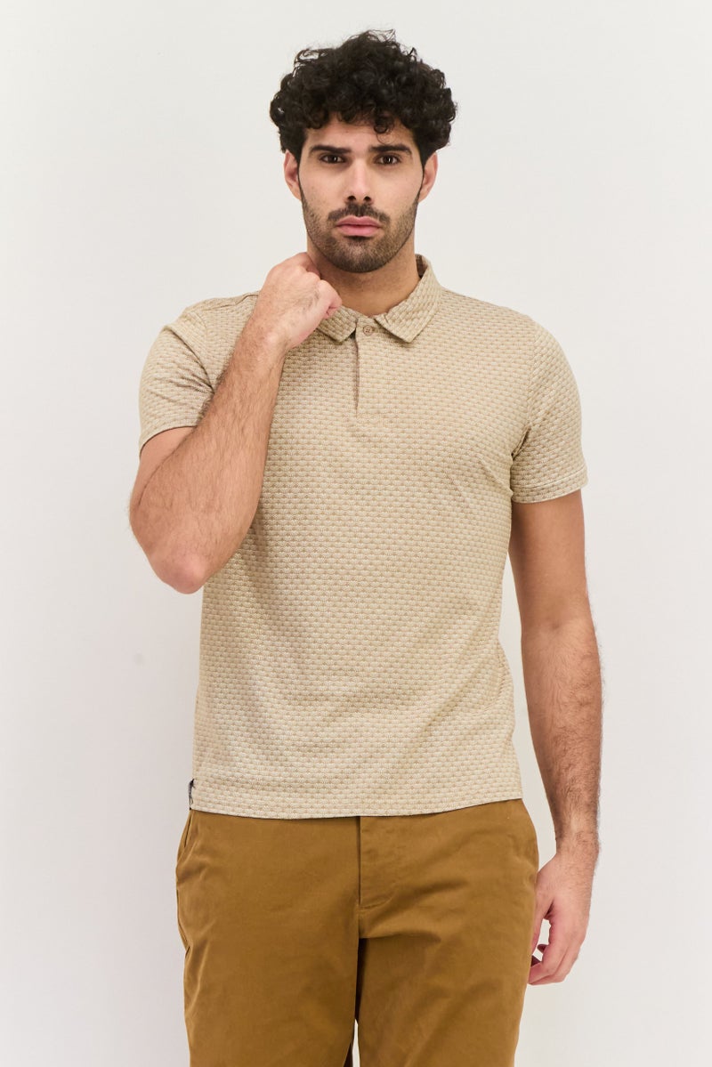 Threadbare Men Regular Fit Allover Printed Short Sleeves Polo, Beige - Image 1