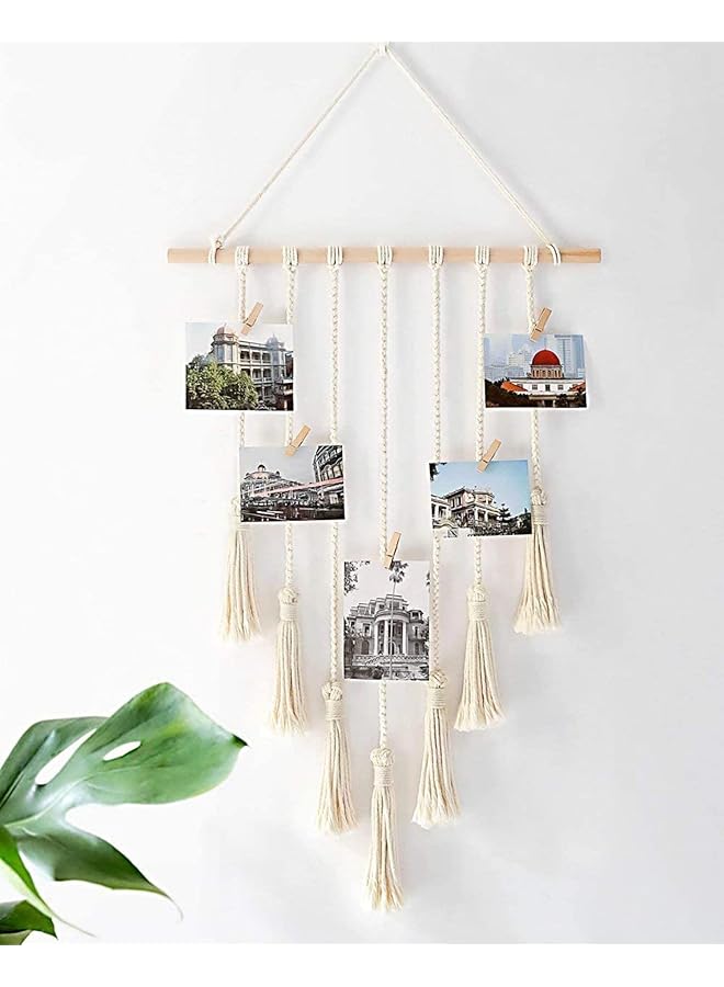 The Bros Wall Hanging Photo Card Display With Wood Clips Hanging Pictures Organizer Bohemian Handmade Woven Tapestry Home Decor, 27"L x 17''W - Image 1