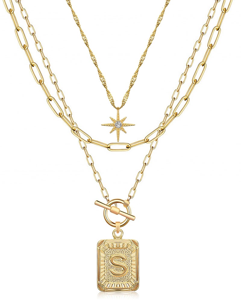MJartoria Layered Initial Necklaces for Women Trendy, 14K Gold Plated Simple Star Choker Square Letter Pendant Necklace, Paperclip Chain Necklace, Gold Necklaces Jewelry Gifts (Gold, S) - Image 1