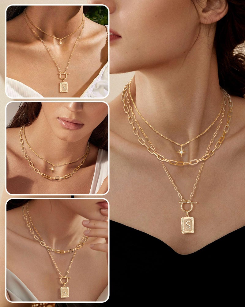 MJartoria Layered Initial Necklaces for Women Trendy, 14K Gold Plated Simple Star Choker Square Letter Pendant Necklace, Paperclip Chain Necklace, Gold Necklaces Jewelry Gifts (Gold, S) - Image 3