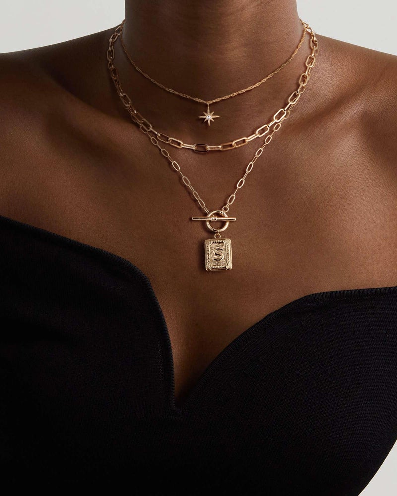 MJartoria Layered Initial Necklaces for Women Trendy, 14K Gold Plated Simple Star Choker Square Letter Pendant Necklace, Paperclip Chain Necklace, Gold Necklaces Jewelry Gifts (Gold, S) - Image 2