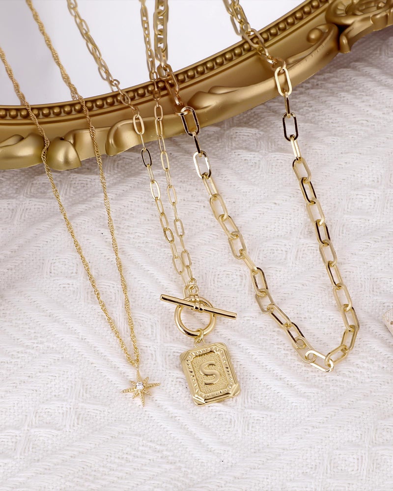 MJartoria Layered Initial Necklaces for Women Trendy, 14K Gold Plated Simple Star Choker Square Letter Pendant Necklace, Paperclip Chain Necklace, Gold Necklaces Jewelry Gifts (Gold, S) - Image 4