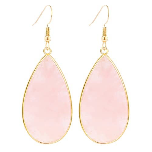 BaubleStar Natural Crystal Healing Birth Stone Statement Drop Earrings for Women Teardrop Rose Quartz Dangle Fashion Jewelry 14K Gold Plated - Image 1