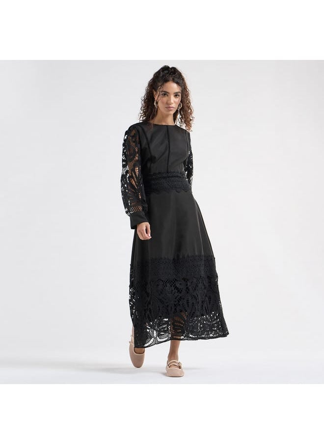 FAV A-line Midi Dress with Long Sleeves and Lace Detail  - Image 1