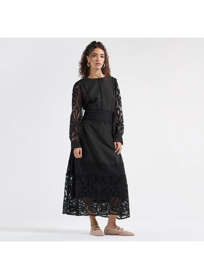 FAV A-line Midi Dress with Long Sleeves and Lace Detail  - Image 2