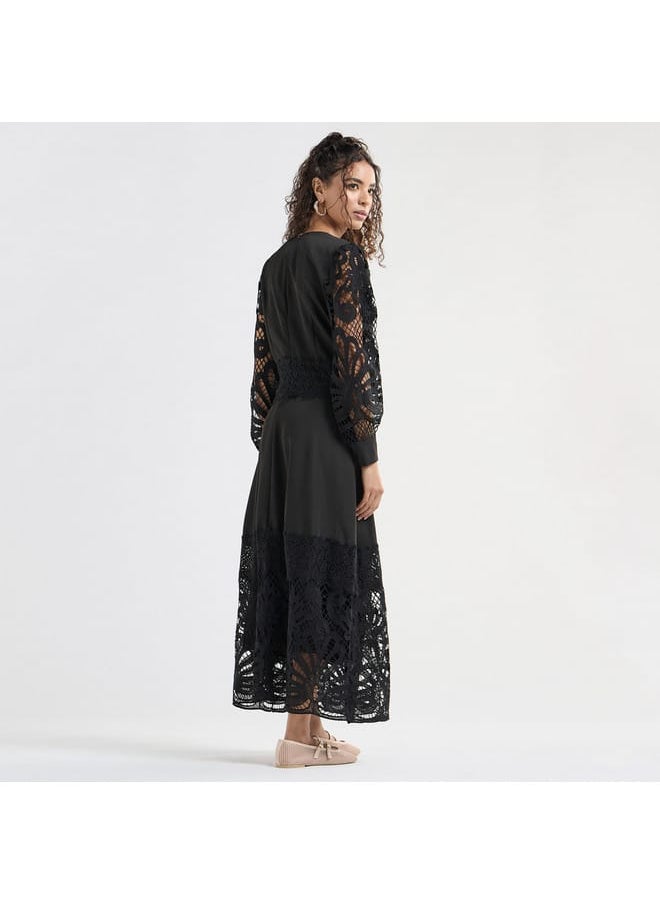 FAV A-line Midi Dress with Long Sleeves and Lace Detail  - Image 3
