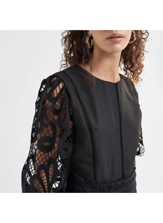 FAV A-line Midi Dress with Long Sleeves and Lace Detail  - Image 4