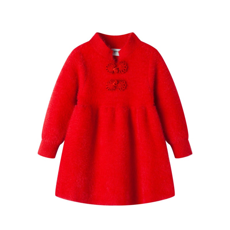 Mud Kingdom Chinese Luner New Year Sweater Dress for Toddler Girls Traditional Fuzzy Red 4T - Image 1