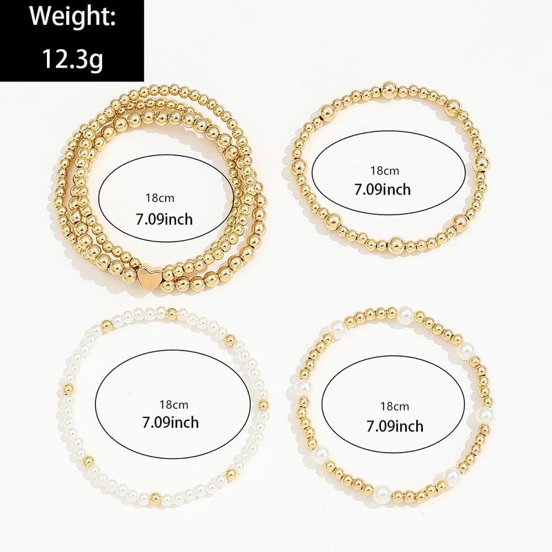 Hremhoo Pearl Bracelets for Women Simulated Pearl Beaded Bracelet White Pearls Stackable Stretch Bracelet Set Multilayered Elastic Pearls Bracelets for Women Bridesmaid Bridal Jewelry (gold heart) - Image 5