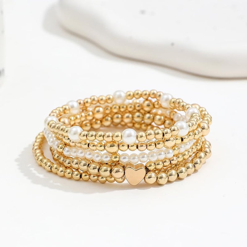 Hremhoo Pearl Bracelets for Women Simulated Pearl Beaded Bracelet White Pearls Stackable Stretch Bracelet Set Multilayered Elastic Pearls Bracelets for Women Bridesmaid Bridal Jewelry (gold heart) - Image 2