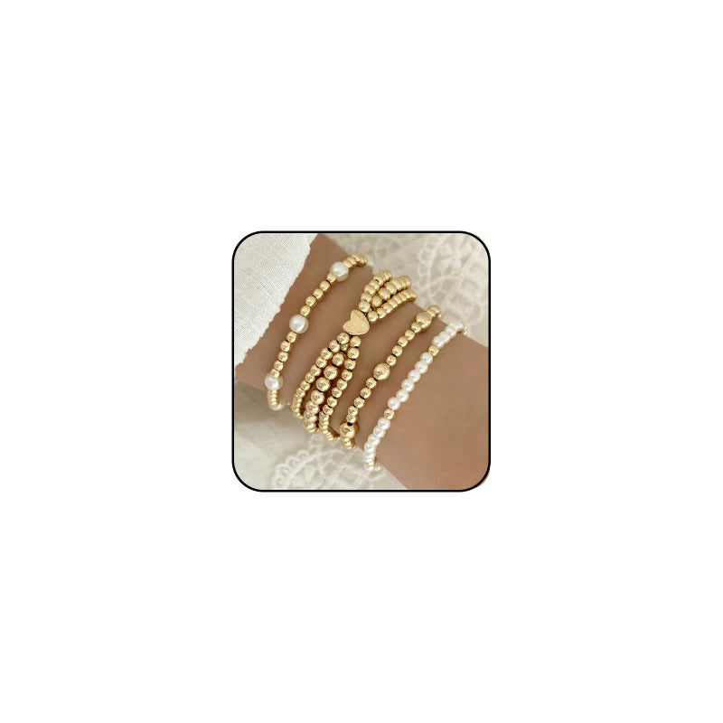 Hremhoo Pearl Bracelets for Women Simulated Pearl Beaded Bracelet White Pearls Stackable Stretch Bracelet Set Multilayered Elastic Pearls Bracelets for Women Bridesmaid Bridal Jewelry (gold heart) - Image 1