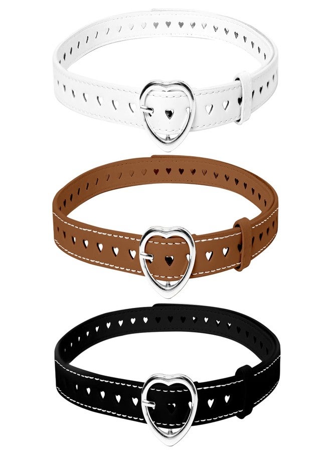 Gallipower 3Pcs Women Girls Belt,Elastic Stretch Adjustable Waist Belt,Cute Heart Shape With Metal Buckle,Leather Waist Belt Hollow Heart Design Metal Buckle for Dress Pants Jeans(White+Brown+Black) - Image 1