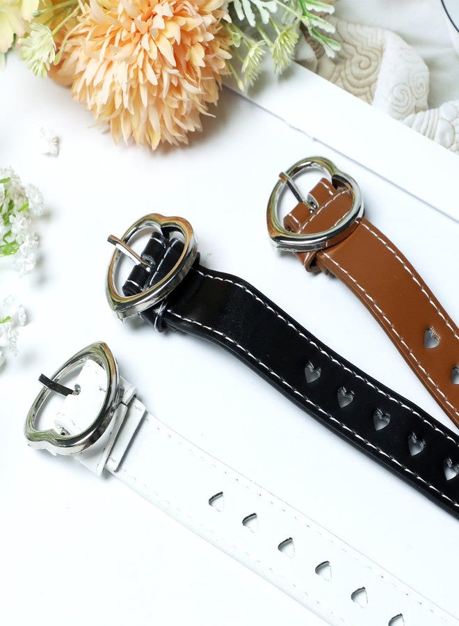 Gallipower 3Pcs Women Girls Belt,Elastic Stretch Adjustable Waist Belt,Cute Heart Shape With Metal Buckle,Leather Waist Belt Hollow Heart Design Metal Buckle for Dress Pants Jeans(White+Brown+Black) - Image 4