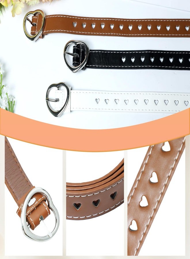 Gallipower 3Pcs Women Girls Belt,Elastic Stretch Adjustable Waist Belt,Cute Heart Shape With Metal Buckle,Leather Waist Belt Hollow Heart Design Metal Buckle for Dress Pants Jeans(White+Brown+Black) - Image 3