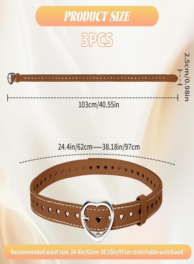 Gallipower 3Pcs Women Girls Belt,Elastic Stretch Adjustable Waist Belt,Cute Heart Shape With Metal Buckle,Leather Waist Belt Hollow Heart Design Metal Buckle for Dress Pants Jeans(White+Brown+Black) - Image 2