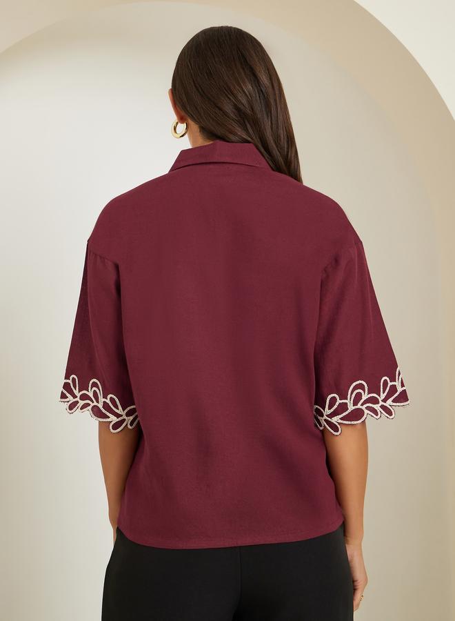 Styli Women Burgundy Embroidered Short Sleeve Shirt - Image 4