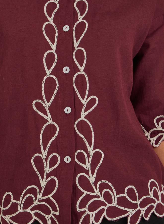 Styli Women Burgundy Embroidered Short Sleeve Shirt - Image 2