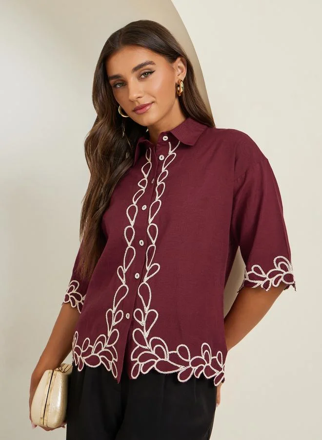 Styli Women Burgundy Embroidered Short Sleeve Shirt