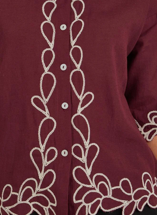 Styli Women Burgundy Embroidered Short Sleeve Shirt