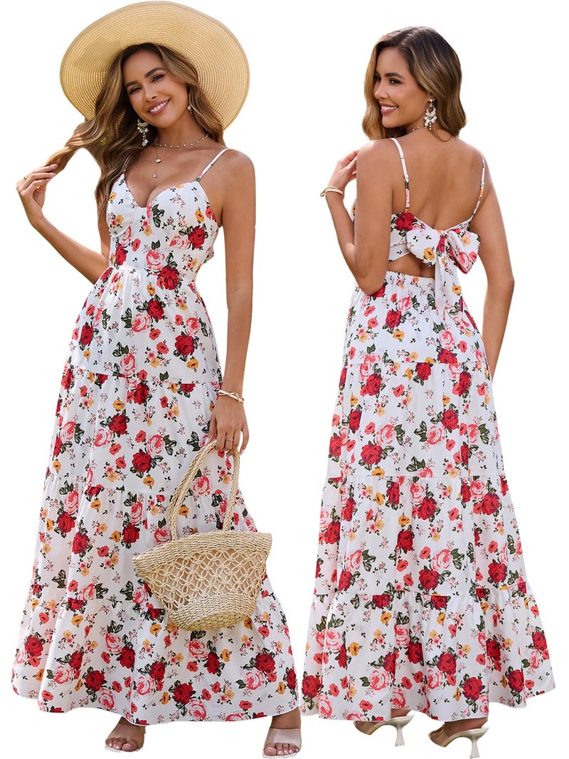 HTZMO Women Casual Summer Floral Maxi Sundress V Neck Spaghetti Strap Bow Tie Backless Flowy Boho Beach Long Dress 2026 Rose M - Image 1