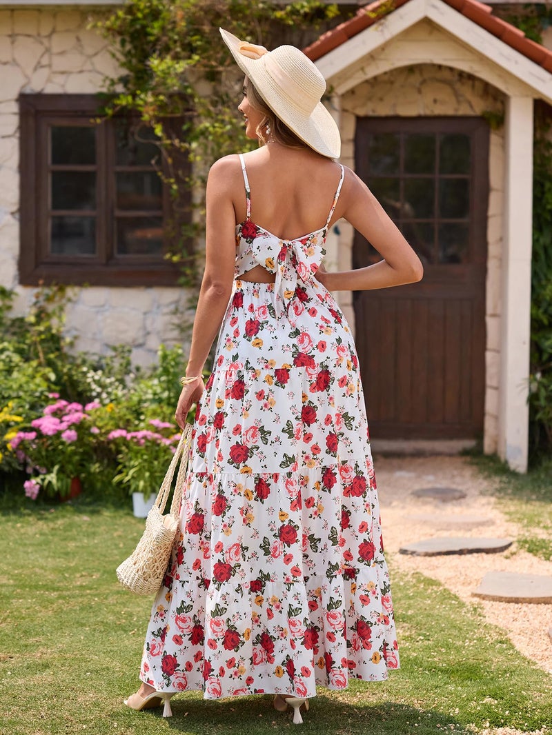 HTZMO Women Casual Summer Floral Maxi Sundress V Neck Spaghetti Strap Bow Tie Backless Flowy Boho Beach Long Dress 2026 Rose M - Image 4
