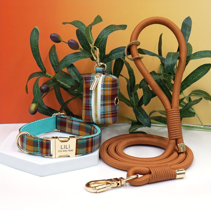 3 Pcs Set Elegant Blue Plaid Light Golden Round Rope Adjustable Buckle Dog Collar Super Durable 8 Core Handwoven Round Rope Portable Outdoor Waste Bag Set Free Laser Engraving Of Dog Name And Owner Phone Number Pet Birthday Gift Holiday Gift Size M - Image 2