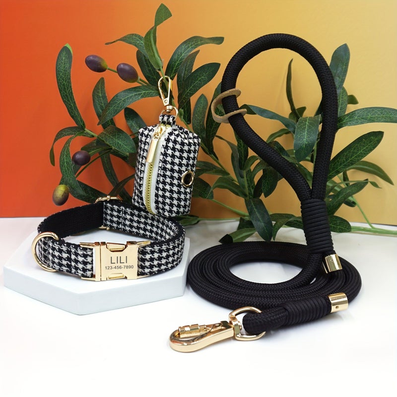 3 Pcs Set Elegant Blue Plaid Light Golden Round Rope Adjustable Buckle Dog Collar Super Durable 8 Core Handwoven Round Rope Portable Outdoor Waste Bag Set Free Laser Engraving Of Dog Name And Owner Phone Number Pet Birthday Gift Holiday Gift Size M - Image 1