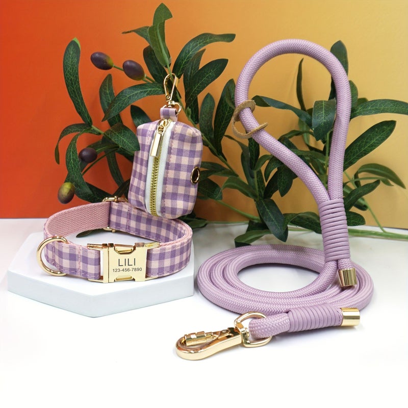 3 Pcs Set Elegant Blue Plaid Light Golden Round Rope Adjustable Buckle Dog Collar Super Durable 8 Core Handwoven Round Rope Portable Outdoor Waste Bag Set Free Laser Engraving Of Dog Name And Owner Phone Number Pet Birthday Gift Holiday Gift Size M - Image 4