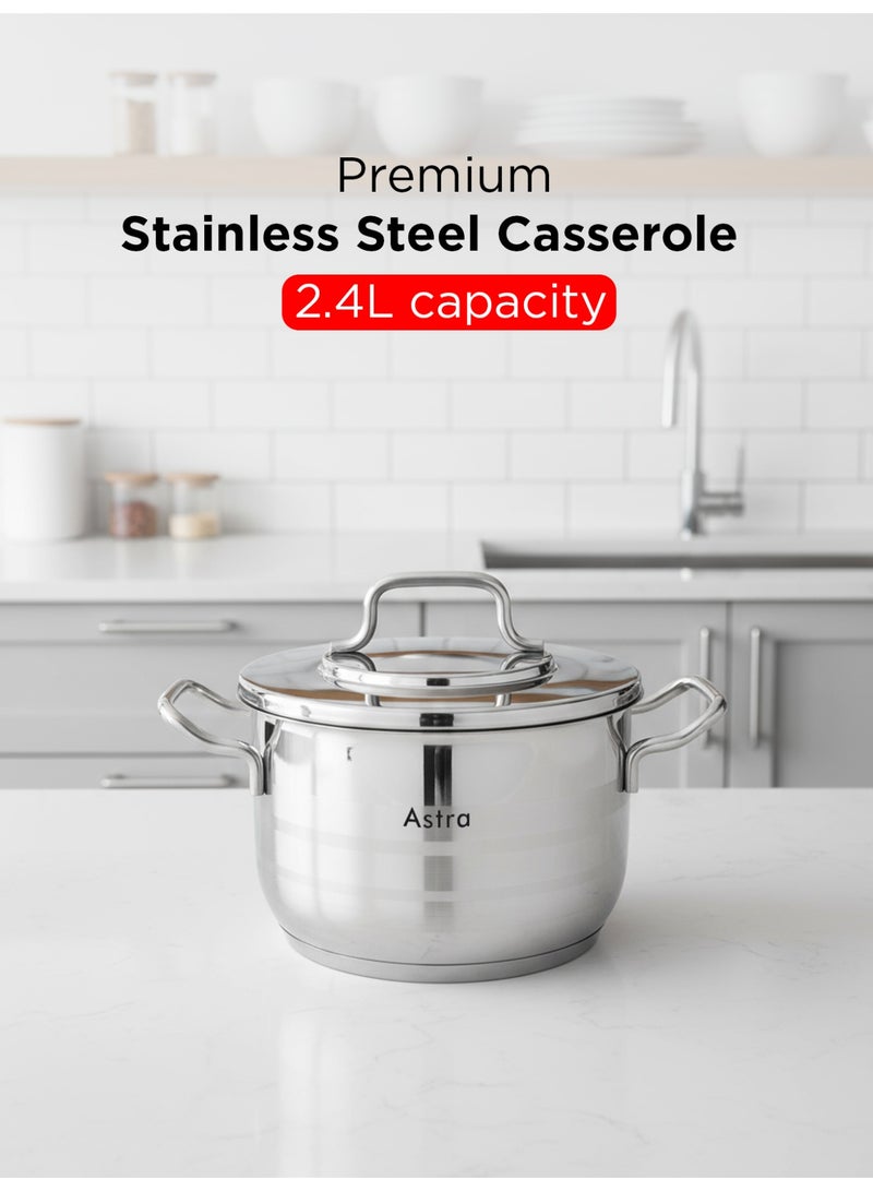 Astra قدر ستانلس ستيل 18×10 سم – سعة 2.4 لتر | ستيل غذائي 18/10 كر-ني مع قاعدة ثلاثية الطبقات | تشطيب مرآة مع غطاء ومقابض متينة | متوافق مع الغاز، التحريض وجميع أسطح الطهي - Image 1