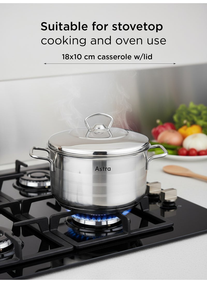 Astra قدر ستانلس ستيل 18×10 سم – سعة 2.4 لتر | ستيل غذائي 18/10 كر-ني مع قاعدة ثلاثية الطبقات | تشطيب مرآة مع غطاء ومقابض متينة | متوافق مع الغاز، التحريض وجميع أسطح الطهي - Image 4