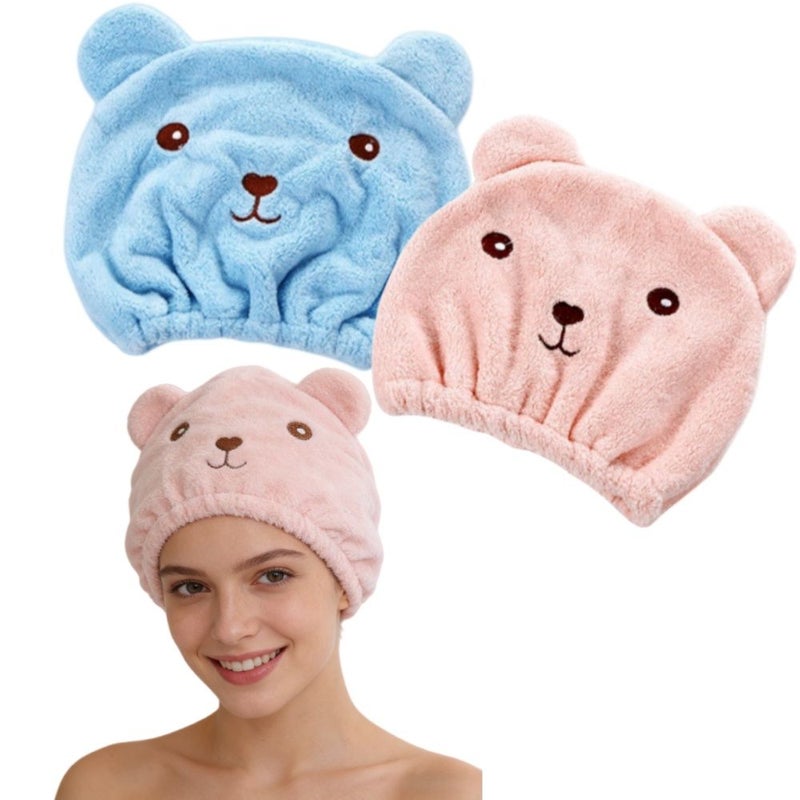 3 Pcs Blue Cartoon Bear Hair Towels Soft Thick Super Absorbent Cute Ears Dry Cap - Image 1