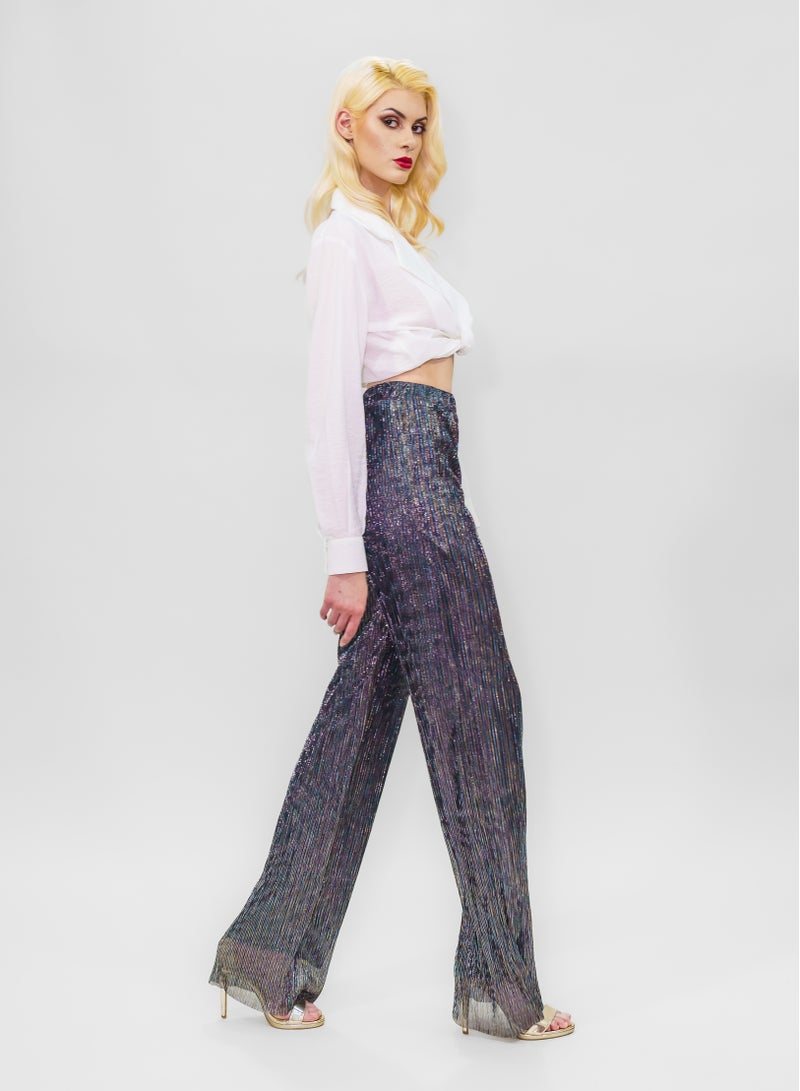 BITOLIA GALLERY Comfortable Long Lurex Shiny Pants Silver Black With Stripes - Image 4