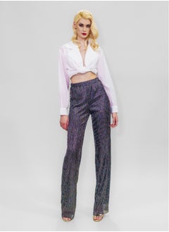 BITOLIA GALLERY Comfortable Long Lurex Shiny Pants Silver Black With Stripes  - Image 1
