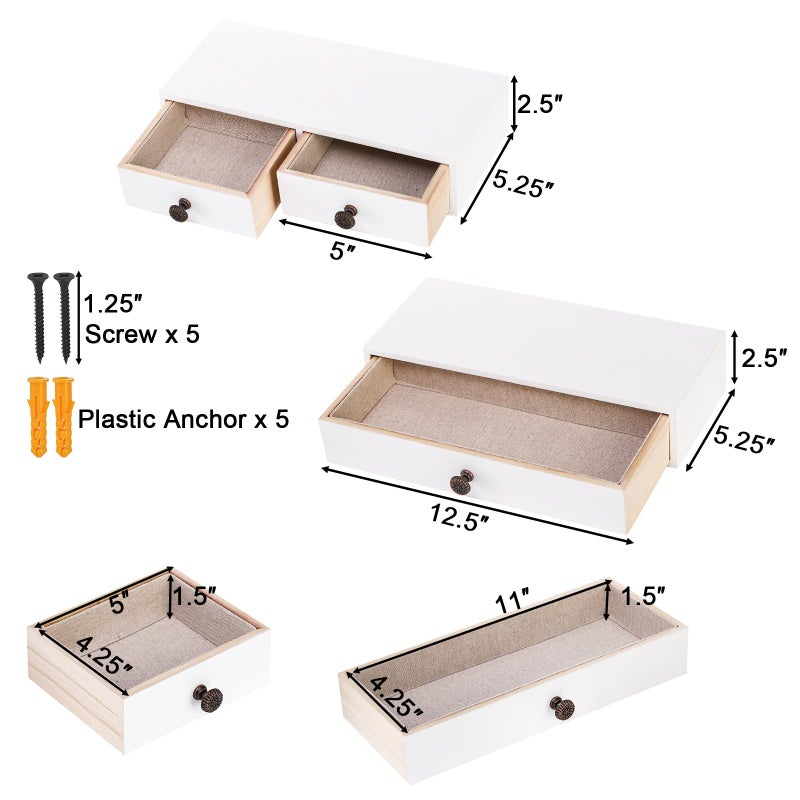 Yesland 2 Packs Floating Nightstand with Drawer - Rustic Wood Floating Wall Mounted Drawers Floating Shelf with Drawer for Living Room, Bedroom, Kitchen, Wall Decor, Storage, Display - White - Image 2