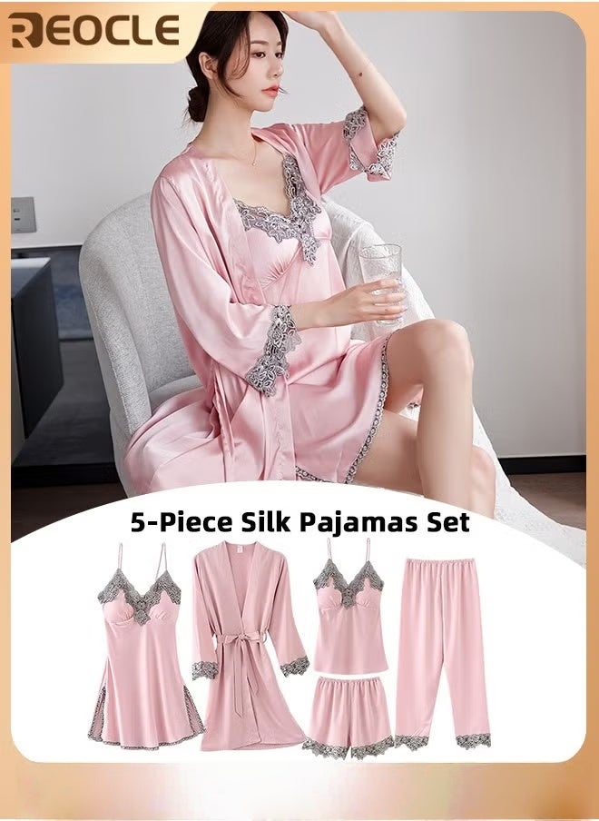 ريوكل طقم بيجامات نسائي مكون من 5 قطع بيجامات حريرية مريحة وصديقة للبشرة طقم بيجامات ساتان للنساء - Image 1