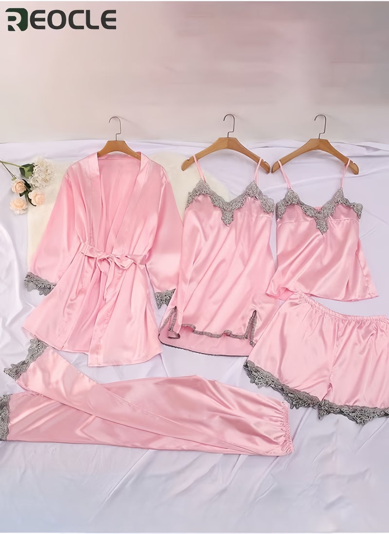 ريوكل طقم بيجامات نسائي مكون من 5 قطع بيجامات حريرية مريحة وصديقة للبشرة طقم بيجامات ساتان للنساء - Image 5