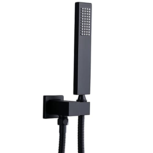 ENGA Square Matte Black Solid Brass Eco-Performance Hand Held Shower Head with Wall Connector and Hose Wall Mount Handheld Showerheads Set - Image 1