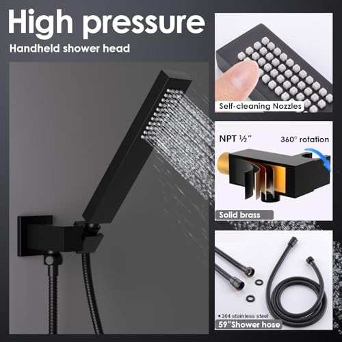 ENGA Square Matte Black Solid Brass Eco-Performance Hand Held Shower Head with Wall Connector and Hose Wall Mount Handheld Showerheads Set - Image 5