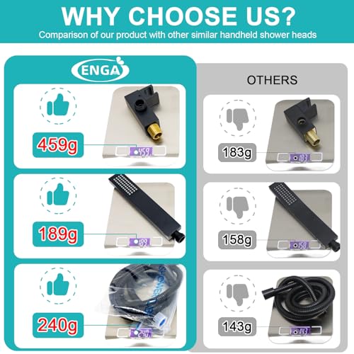 ENGA Square Matte Black Solid Brass Eco-Performance Hand Held Shower Head with Wall Connector and Hose Wall Mount Handheld Showerheads Set - Image 3
