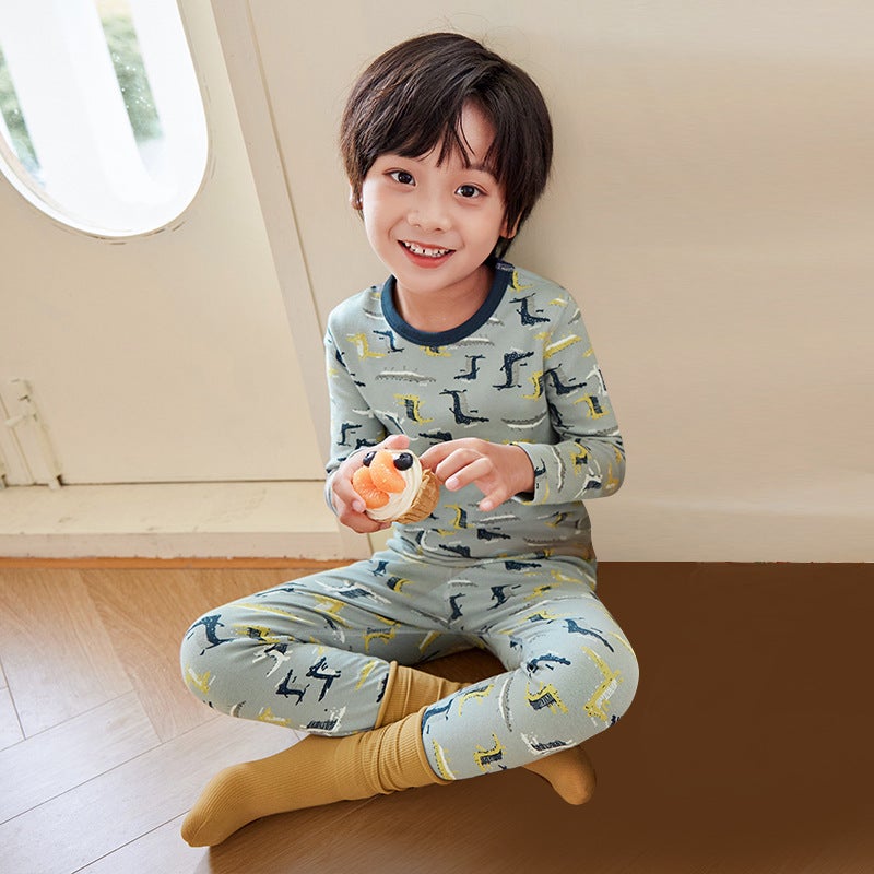 Children'S Pajamas Pure Cotton Boys' Autumn Clothes And Pants Girls' Baby Thermal Underwear Toddler Base Layer Cotton Sweater Set - Image 1