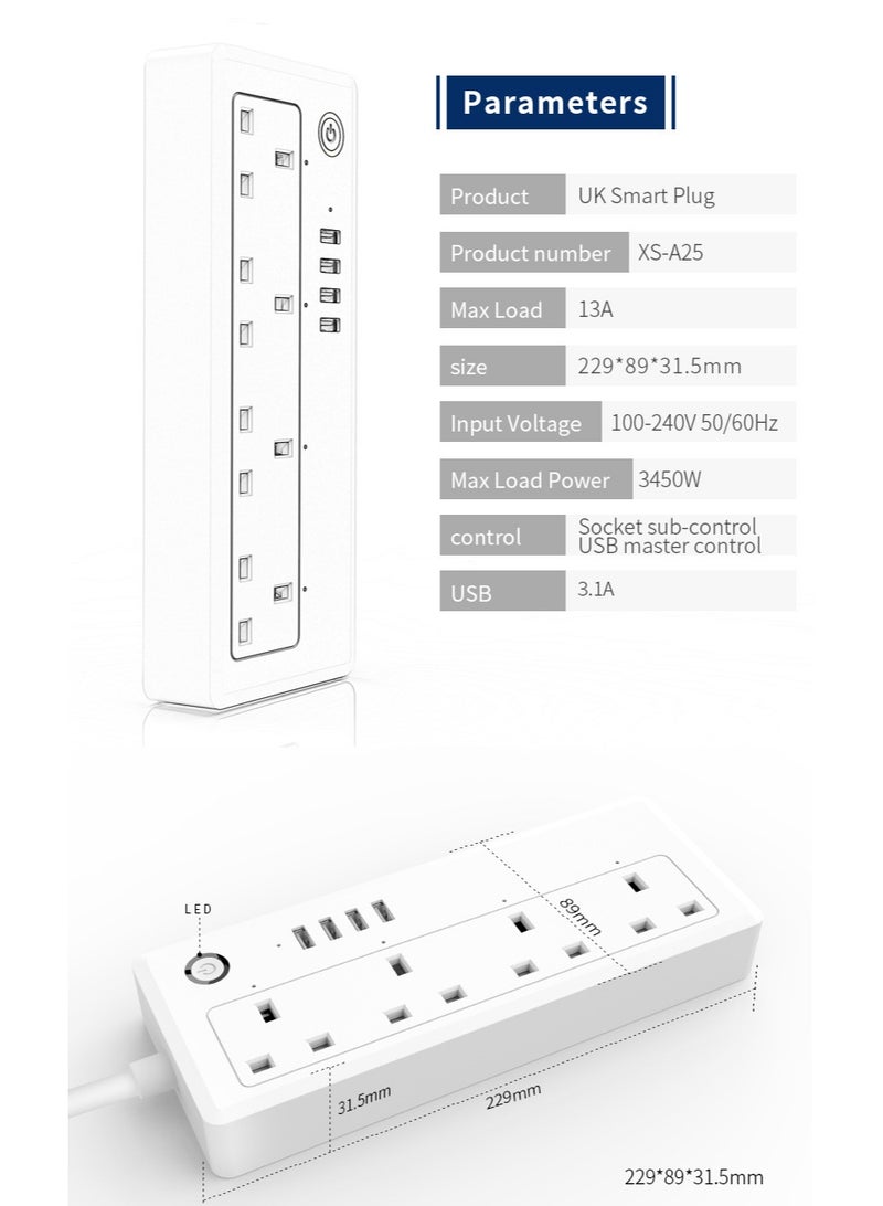مشترك كهرباء ذكي Wi‑Fi بنظام UK مع 4 منافذ طاقة و4 منافذ USB – متوافق مع أليكسا وجوجل أسيستنت، حماية من الحمل الزائد والارتفاع المفاجئ في التيار - Image 1