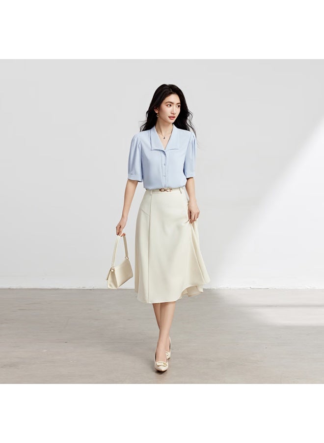 Lady Bird Miss Bird Blue Short Sleeve Chiffon Blouse Women's Pee Professional Workwear Commuter Formal Shirt - Image 5