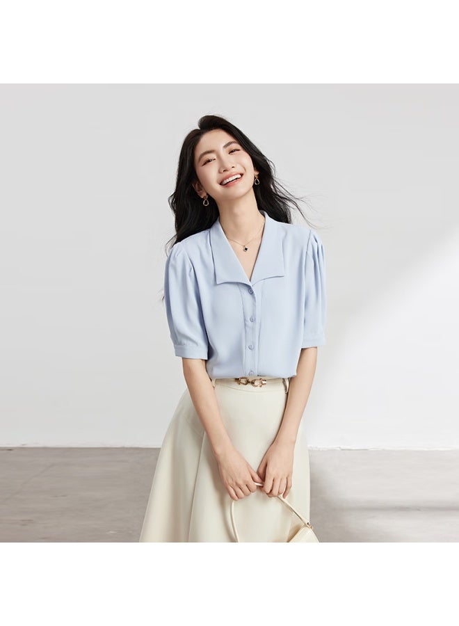 Lady Bird Miss Bird Blue Short Sleeve Chiffon Blouse Women's Pee Professional Workwear Commuter Formal Shirt - Image 1