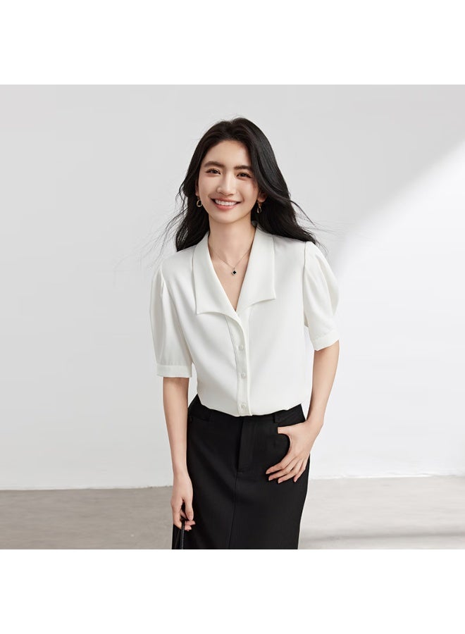 Lady Bird Miss Bird Blue Short Sleeve Chiffon Blouse Women's Pee Professional Workwear Commuter Formal Shirt - Image 3
